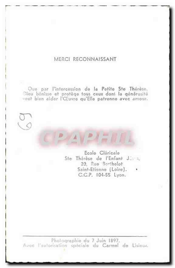 CPA Merci Reconnaisant St Therese de l'Enfant Saint Etienne Loire Lyon  — Verso
