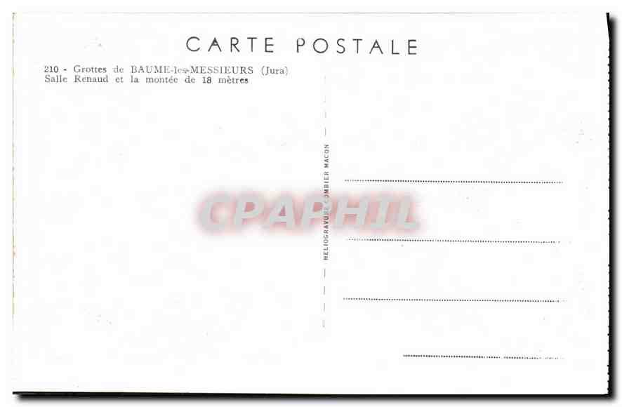 Grottes de Baume-les-Messieurs — Salle Renaud et la montée de 18 mètres — Héliogravure Lomber Macon, n°210 — Verso