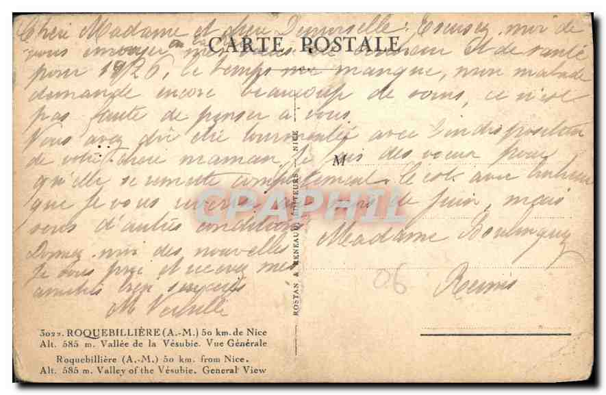 CPA Roquebilliere de Nice Vallee de la Vesubie Vue Generale  — Rückseite