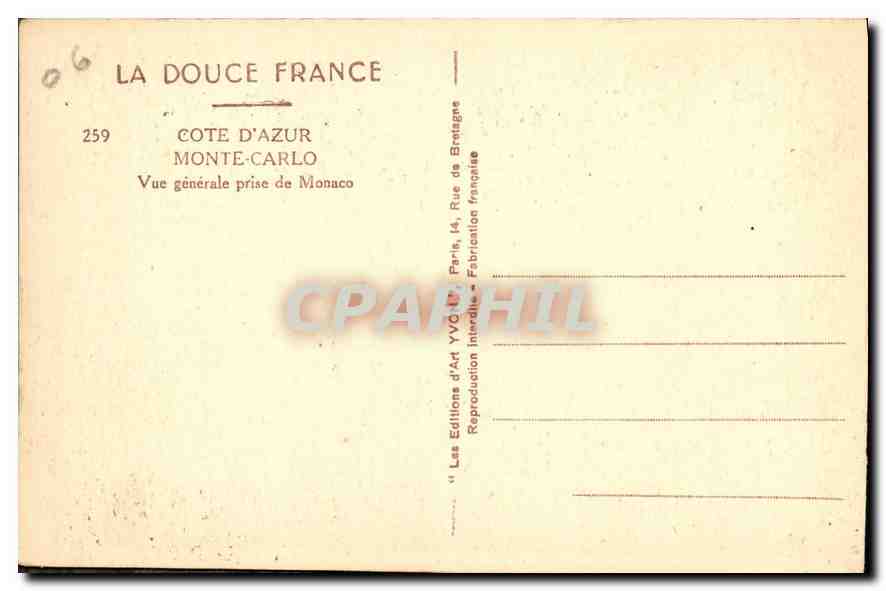 CPA Cote d'Azur Monte Carlo Vue generale prise de Monaco  — Rückseite