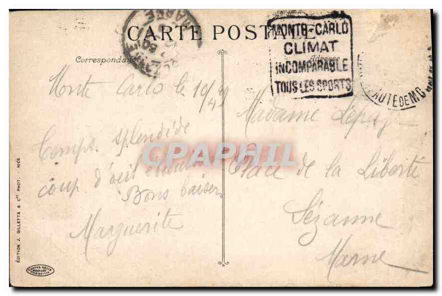 Monte-Carlo - Le Casino et Jardins — Édition J. Gilletta & Cie, n°762 — Rückseite