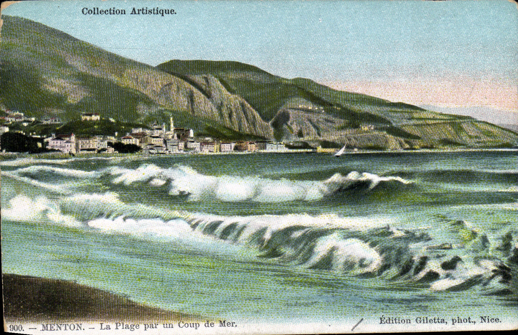 Menton — La Plage par un Coup de Mer — Édition Gilettta, phot., Nice