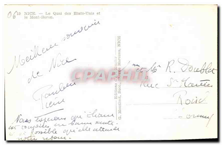 CPA Nice Le Quai des Etats Unis et le Mont Boron  — Rückseite