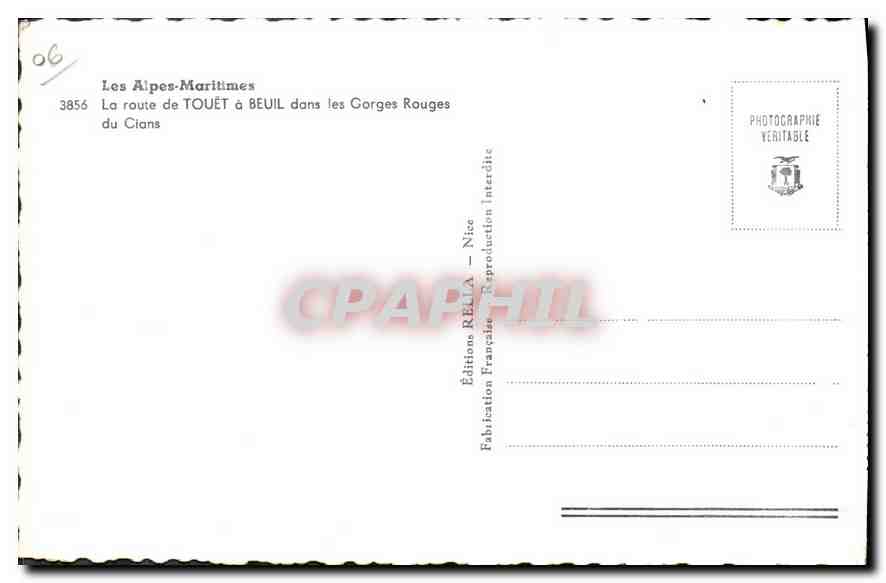 CPA Les Alpes Maritimes La route de Touet a Beuil dans les Gorges Rouges du Cians  — Rückseite