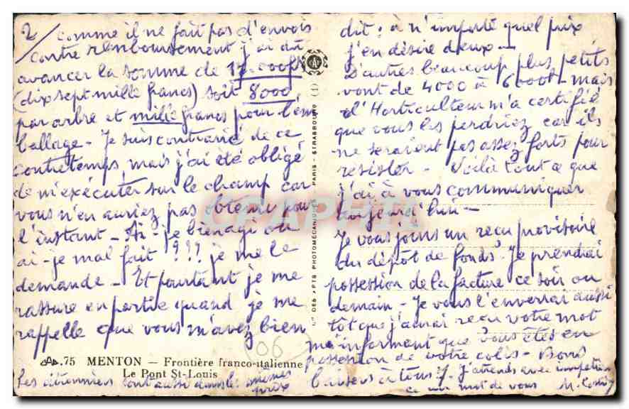CPA Menton Frontiere franco italienne Le Pont St Louis  — Rückseite