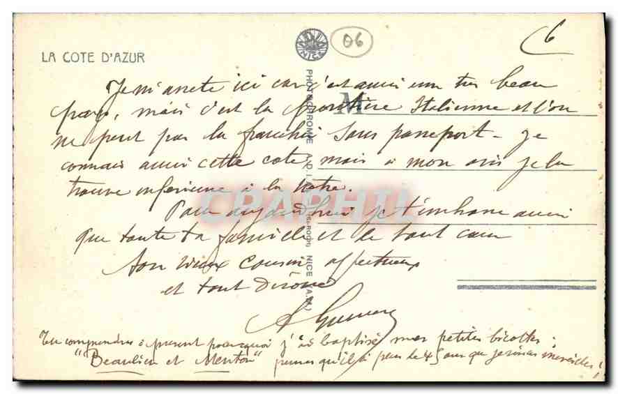 CPA Menton AM Le Cap Martin Chemin du Bord de Mer  — Rückseite