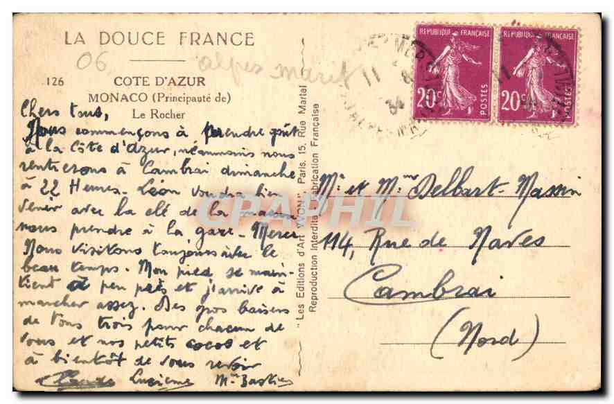 CPA Cote d'Azur Monaco Principaute de Le Rocher  — Verso