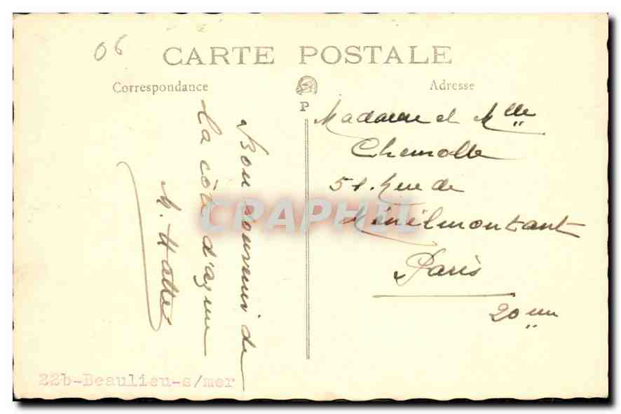 CPA Beaulieu sur mer  — Verso