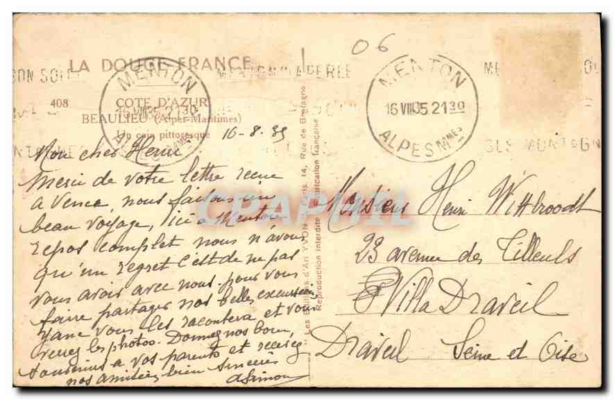 CPA Cote d'Azur Beaulieu Alpes Maritimes  — Verso