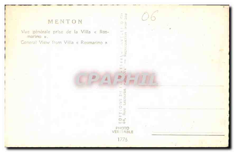 CPA Menton Vue generale prise de la Villa Rosmarino  — Rückseite