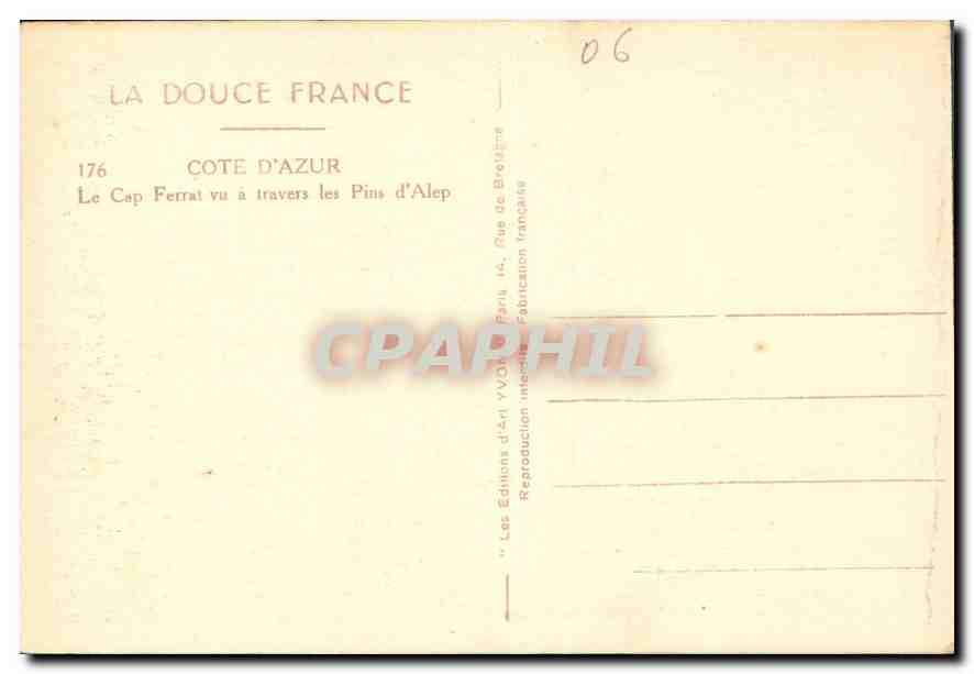 CPA Cote d'Azur Le Cap Ferrat vu a travers les Pins d'Alep  — Verso