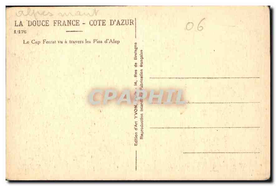 Cap Ferrat — vu à travers les Pins d'Alep — Édition d'Art YVON — Verso