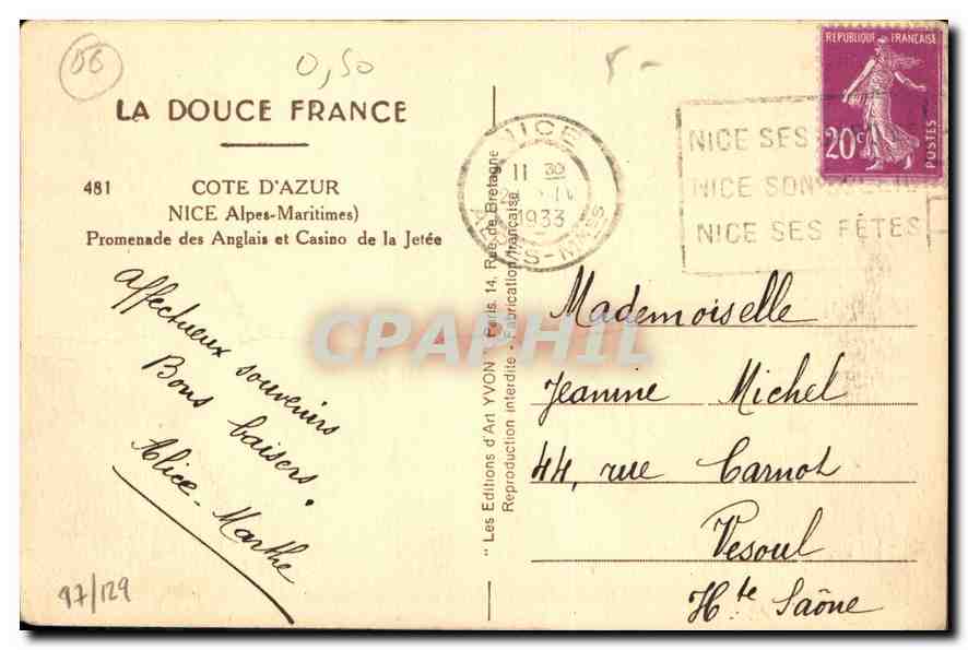 CPA Nice Alpes Maritimes Promenade des Anglais et Casino de la Jetee  — Verso