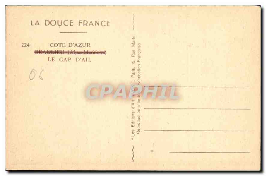 CPA Beaulieu Alpes Maritimes Le Cap d'Ail  — Verso