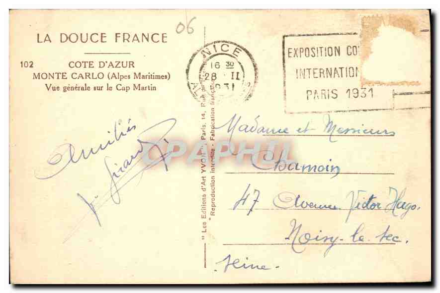 Monte Carlo — Vue générale sur le Cap Martin — Les Éditions d'Art VV017 — Rückseite