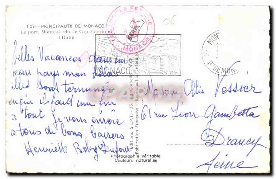 CPA Principaute de Monaco Le port Monte Carlo le Cap Martin et l'Italie  — Rückseite