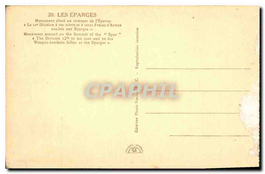 Les Éparges — Monument élevé au sommet de l'Éperon à la 12e Division et à leurs Frères d'Armes — Éditions Photo Verrière, n°20 — Verso