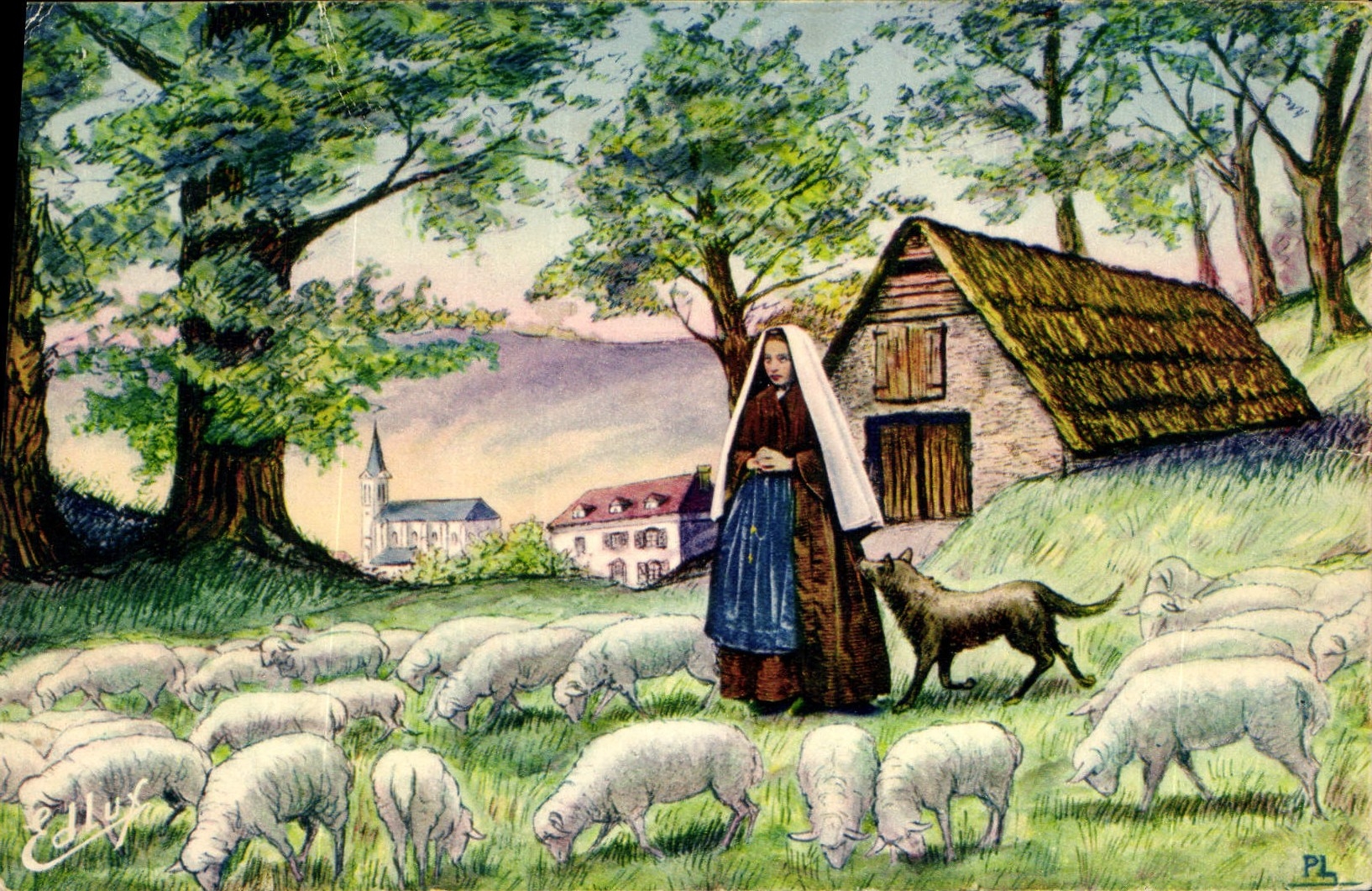 CPA Lourdes Bernadette a Bartres gardant les moutons 