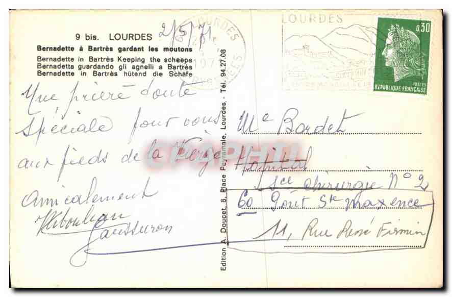 CPA Lourdes Bernadette a Bartres gardant les moutons  — Verso