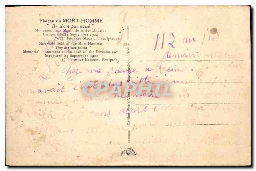 CPA Plateau du Mort Homme  — Rückseite