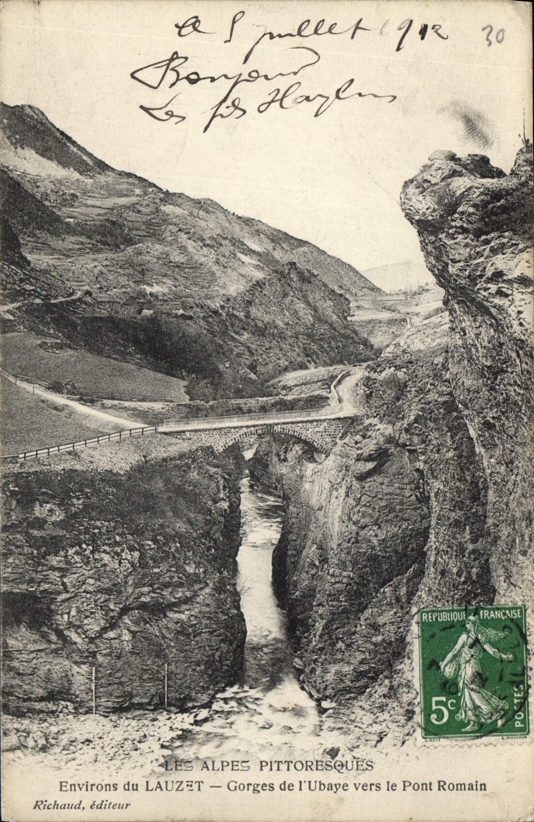 Les Alpes pittoresques — Environs du Lauzet — Gorges de l'Ubaye vers le Pont Romain — Richaud, éditeur