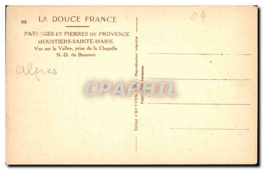 CPA Paysages et Pierres de Provence Moustiers Sainte Marie vue sur la vallee prise de la Chapelle ND — Back