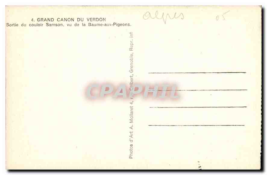 CPA Grand Canon du Verdon Sortie du Culoir Samson vu de la Baume ux Pigeons  — Verso