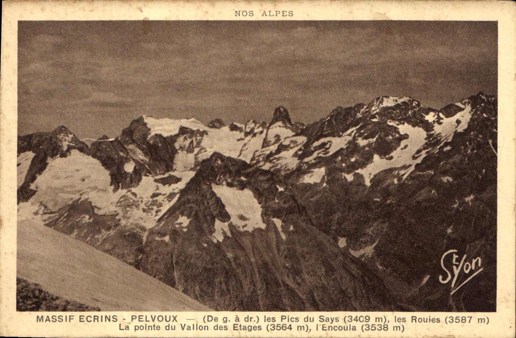 Massif des Écrins - Pelvoux — Vue des sommets enneigés — Édition R. Girard, Grenoble