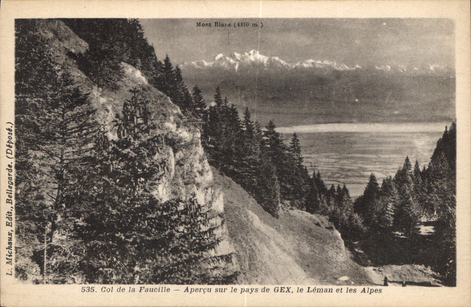 Col de la Faucille — Aperçu sur le pays de GEX, le Léman et les Alpes — L. Michauz, Édit. Bellegarde (Déposé.)