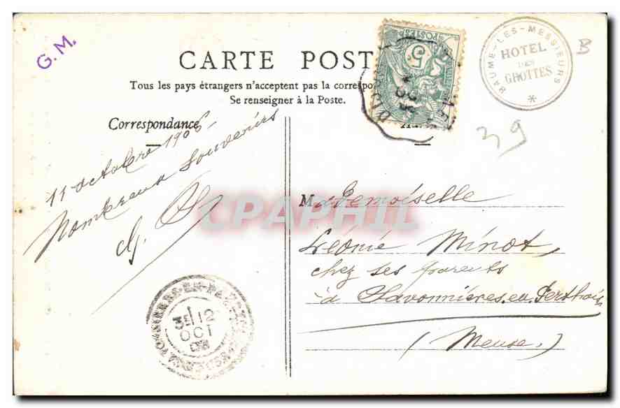 Beaume-les-Messieurs (Jura) — Cascades et entrée des Grottes — Édition G. B., Lons-le-Saunier — Verso