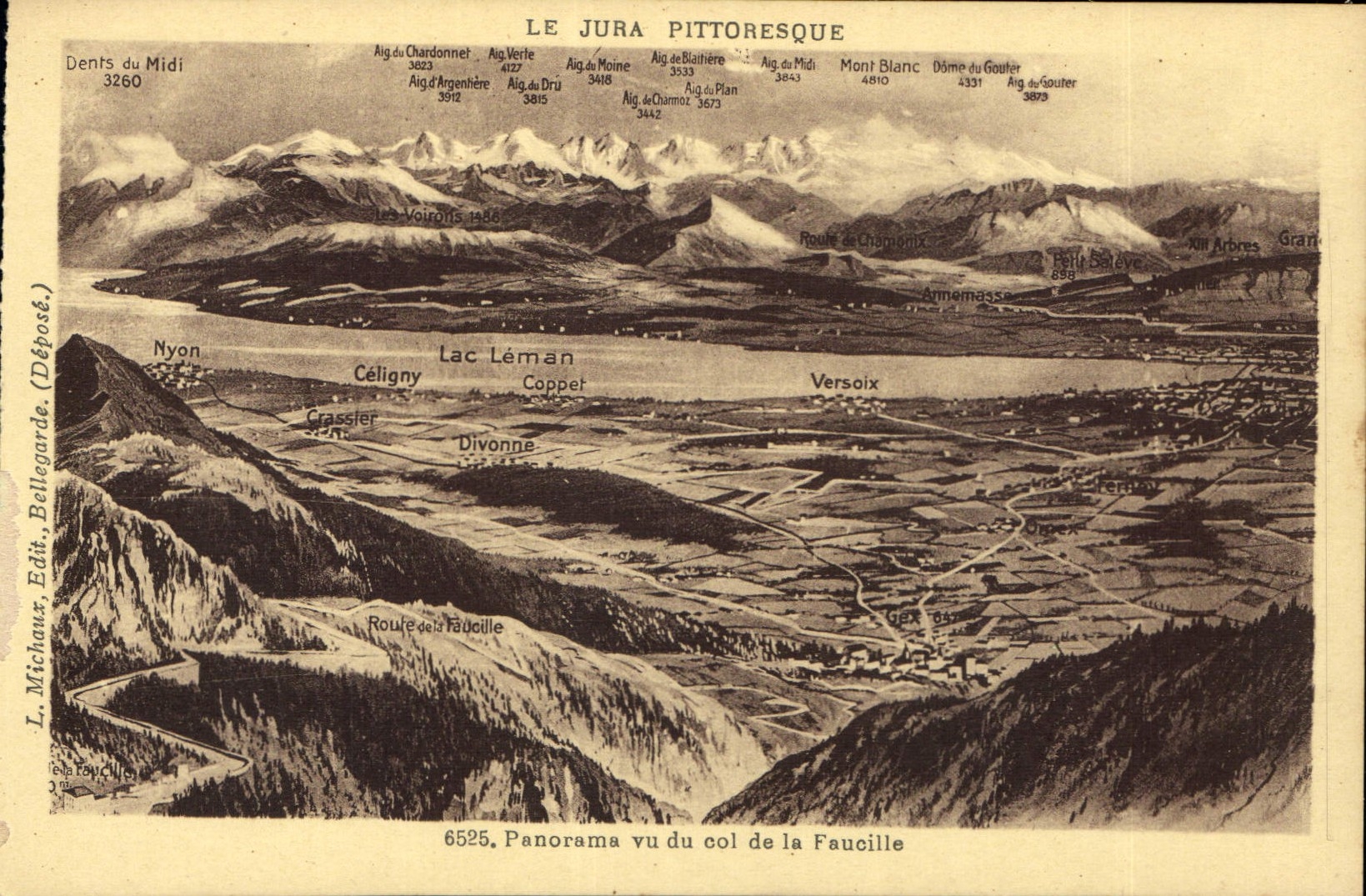 Panorama du Jura vu du col de la Faucille — L. Michaux, Édit. Bellegrande, n° 6525