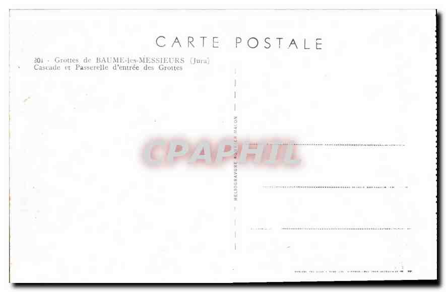 Cascades et passerelle d'entrée des grottes — Baume-les-Messieurs (Jura) — Melin Gravure, Macon, n°201 — Verso