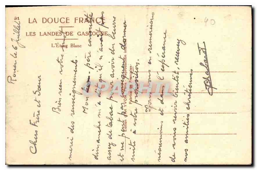 CPA Les landes de Gascogne L'Etang Blanc  — Rückseite