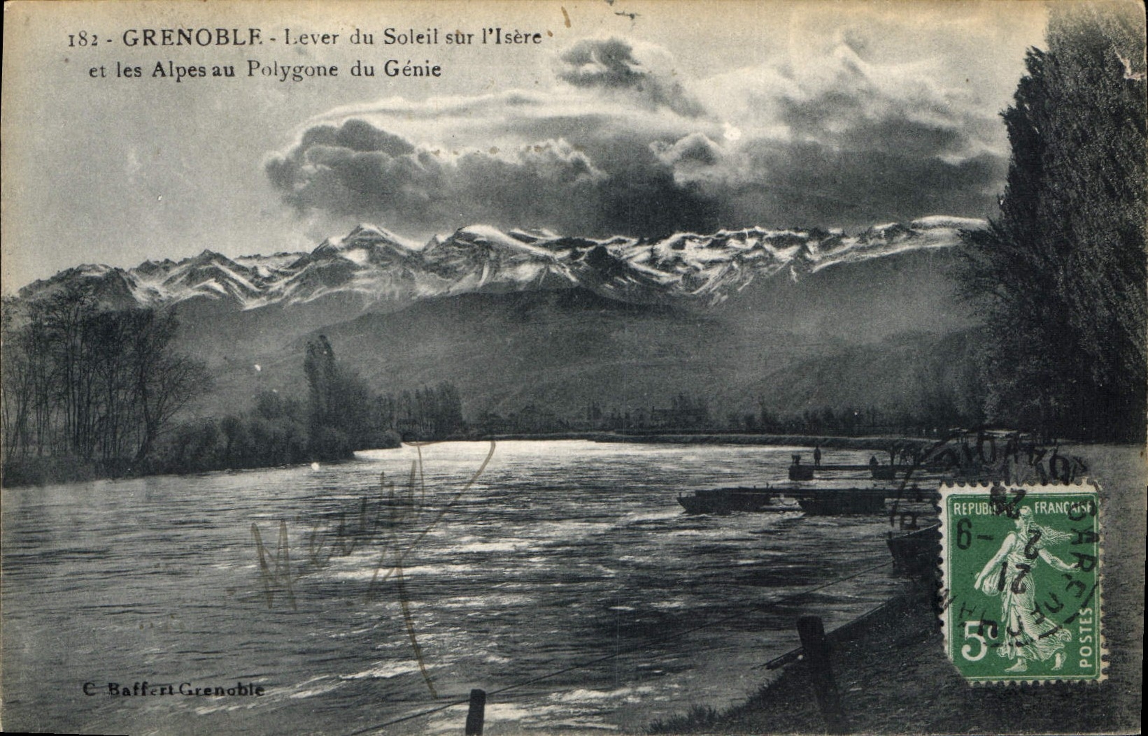 Grenoble - Lever du Soleil sur l'Isère et les Alpes au Polygone du Génie — E. Baffert Grenoble, n°182
