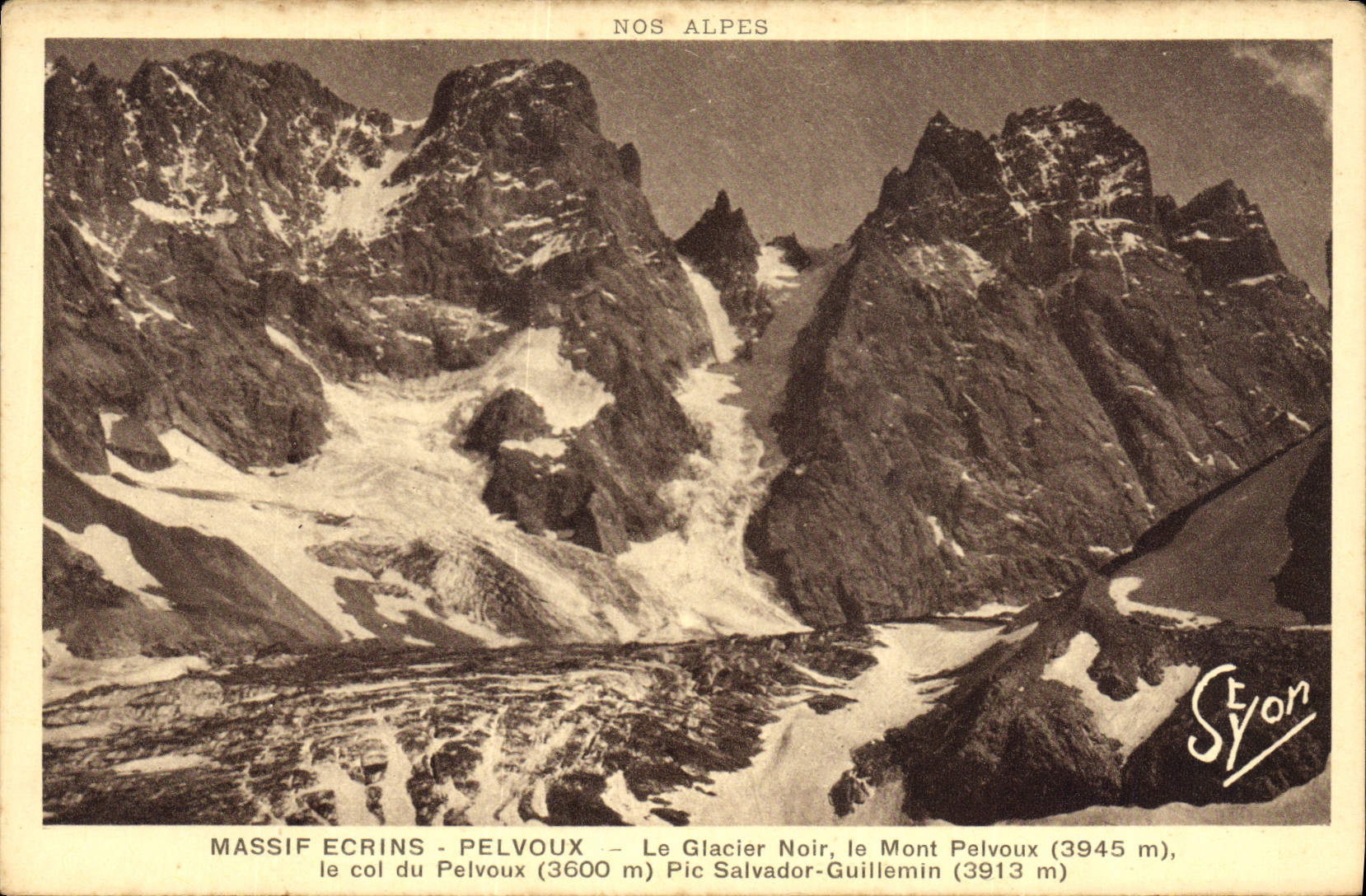 Massif des Écrins - Pelvoux — Le Glacier Noir, le Mont Pelvoux (3945 m), le col du Pelvoux (3600 m), le Pic Salvador-Guillemin (3913 m) — Édition R. Girardy, Grenoble