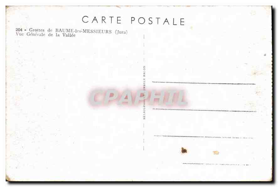 Grottes de Baume-les-Messieurs — Vue Générale de la Vallée — Héliogravure Jambier Mâcon n°204 — Achterkant