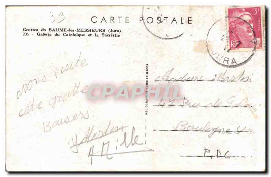 CPA Grottes de Baume les Messieurs Jura Galerie du Catfalque et la Sacristie  — Rückseite