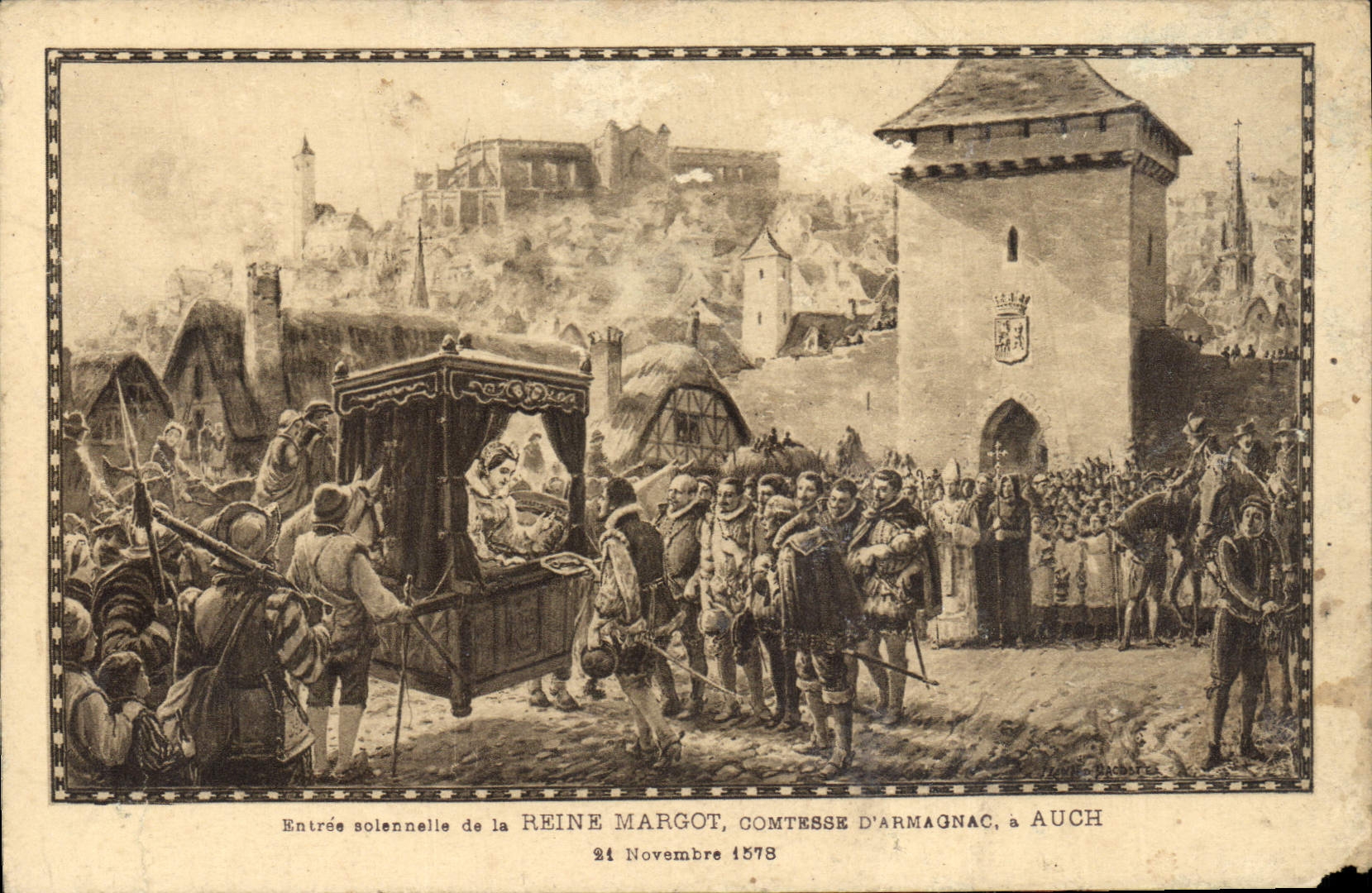 Entrada solemne de la Reina Margot, Condesa de Armagnac, a Auch — 21 de noviembre de 1578 — grabado basado en el dibujo de Henri Pacaud