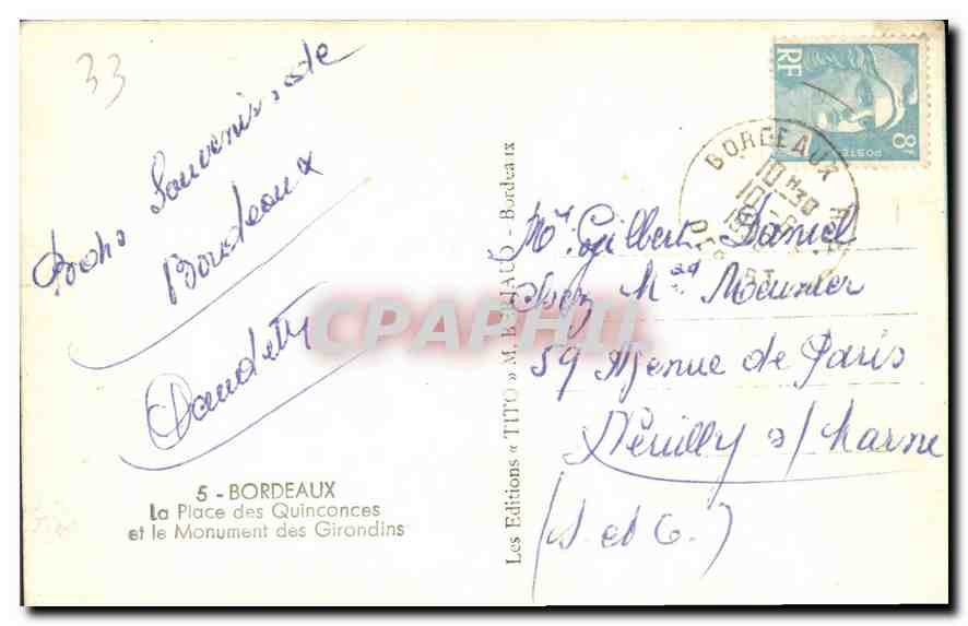 CPA Bordeaux La Place des Quinconces le Monument des Girondins  — Verso