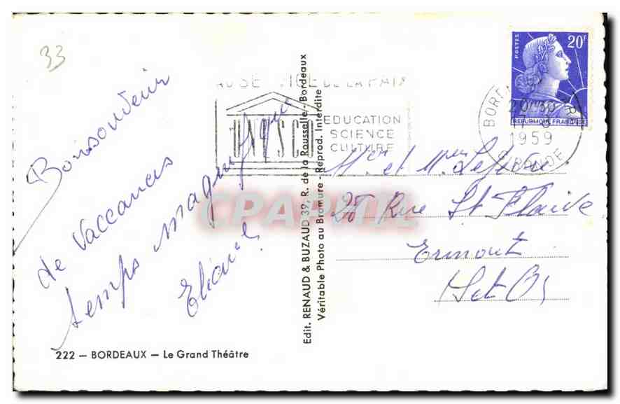 CPA Bordeaux Le Grand Theatre  — Verso