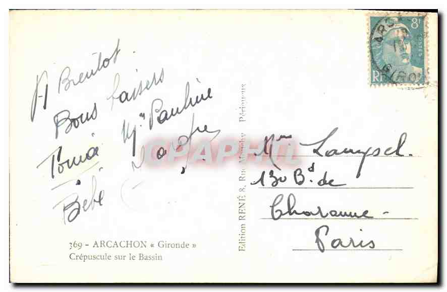Crépuscule sur le Bassin — Arcachon, Gironde — Édition RENÉ 8, Rue Mauclay, Paris — Rückseite