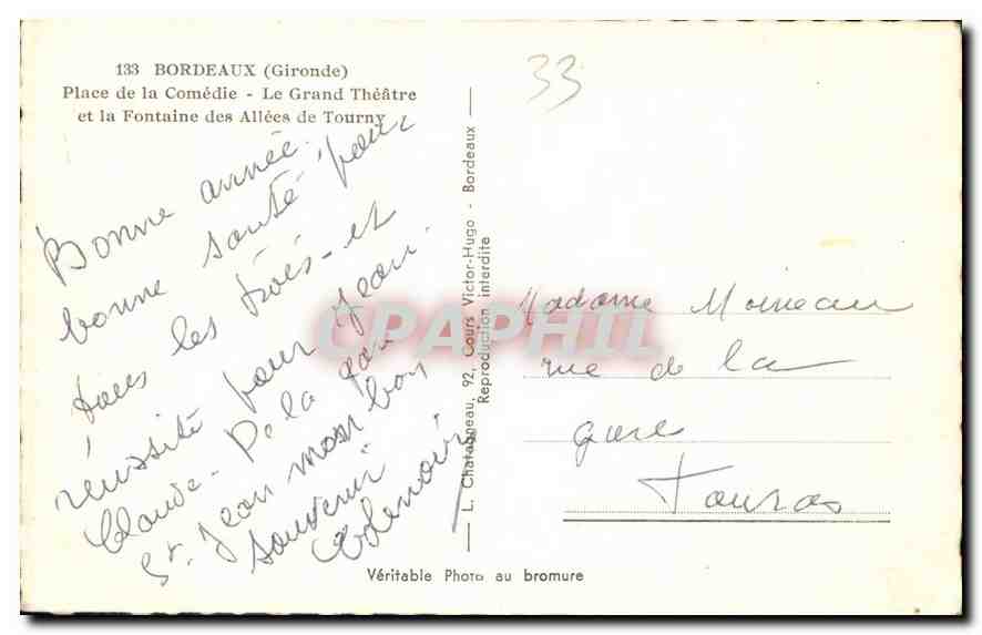 CPA Bordeaux Gironde Place de la Comedie  Le Grand Theatre et la Fontaine des Allees de  Tourny  — Verso
