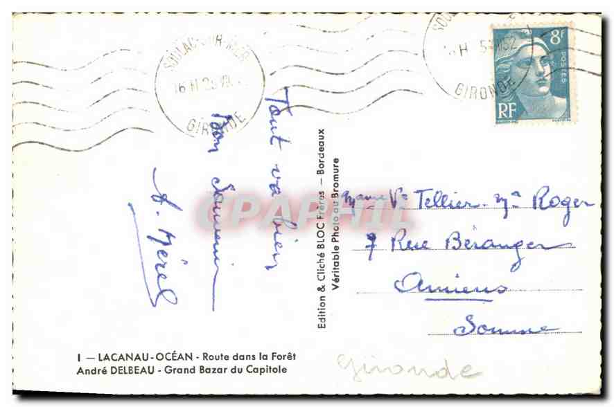CPA Lacanau Ocean Route dans la Foret Andre Delbeau Grand Bazar du Capitole  — Verso