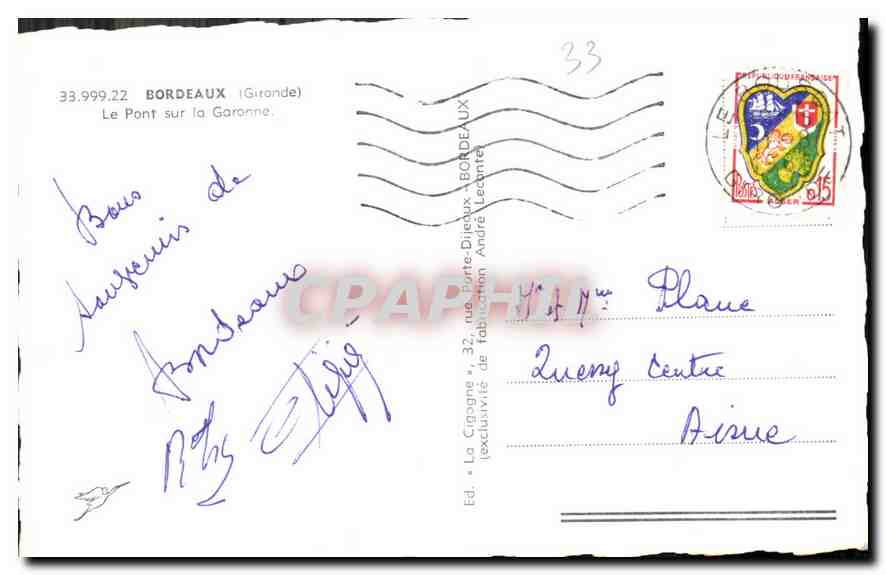 Pont sur la Garonne — Bordeaux (Gironde) — La Cigogne, n° 33.999.22 — Verso