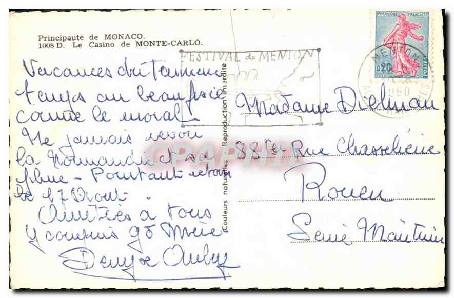 CPA Principaute de Monaco Le Casino de Monte Carlo  — Rückseite