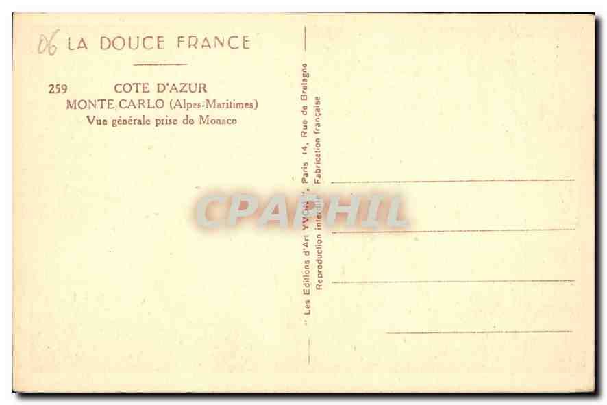 CPA Cote D'Azur Monte Carlo Alpes Maritimes Vue generale prise de Monaco  — Back