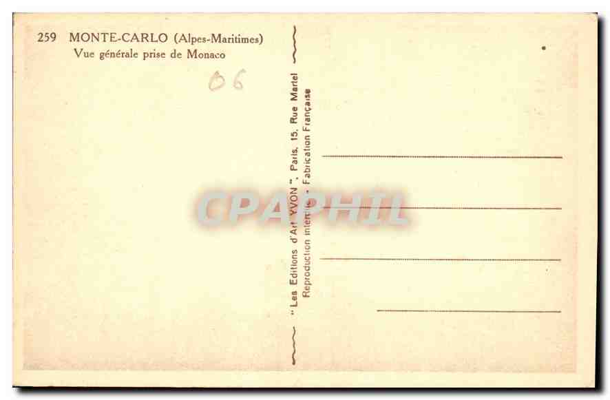 CPA Monte Carlo Alpes Maritimes Vue generale prise de Monaco  — Rückseite