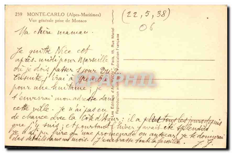 CPA Monte Carlo Alpes Maritimes Vue generale de prise de Monaco  — Rückseite
