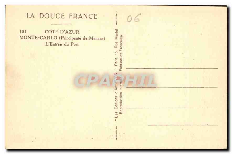 CPA Cote D'Azur Monte Carlo Principaute de Monaco L'Entree du Port  — Verso