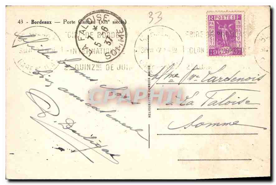 CPA Bordeaux Porte Cailhau  — Verso